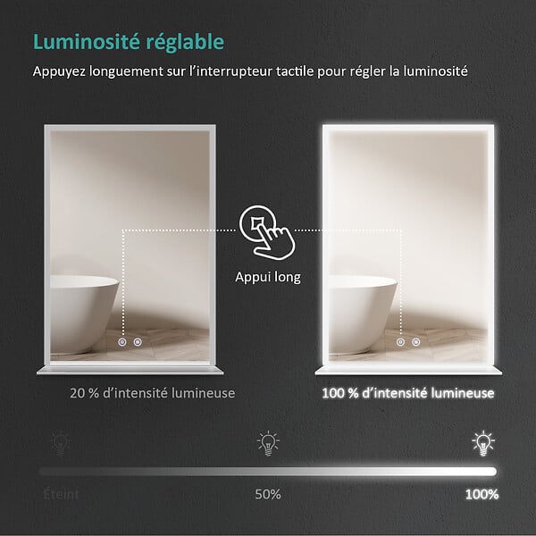 EMKE - EMKE LED Miroir lumineux salle de bain 70x50cm, Miroir avec étagère, Interrupteur Tactile, Lumière Blanche Froide - large