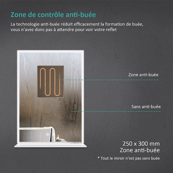 EMKE - EMKE LED Miroir lumineux salle de bain 70x50cm, Miroir avec étagère, Interrupteur Tactile, Lumière Blanche Froide - large