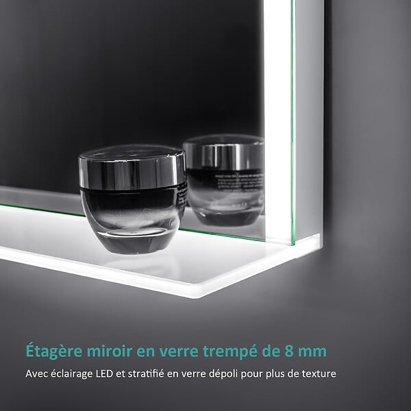 EMKE - EMKE LED Miroir lumineux salle de bain 70x50cm, Miroir avec étagère, Interrupteur Tactile, Lumière Blanche Froide - large