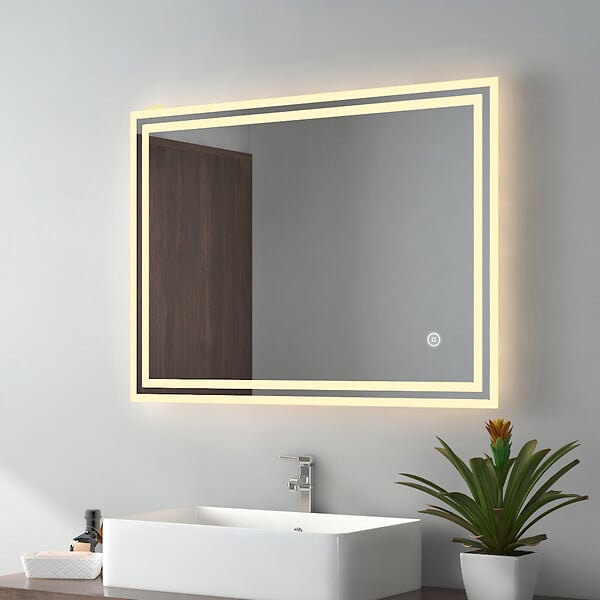 EMKE - EMKE Miroir lumineux salle de bain 80x60cm, Miroir LED avec éclairage, Interrupteur tactile, Anti-buée, Lumière Froide/Chaude/Neutre - large