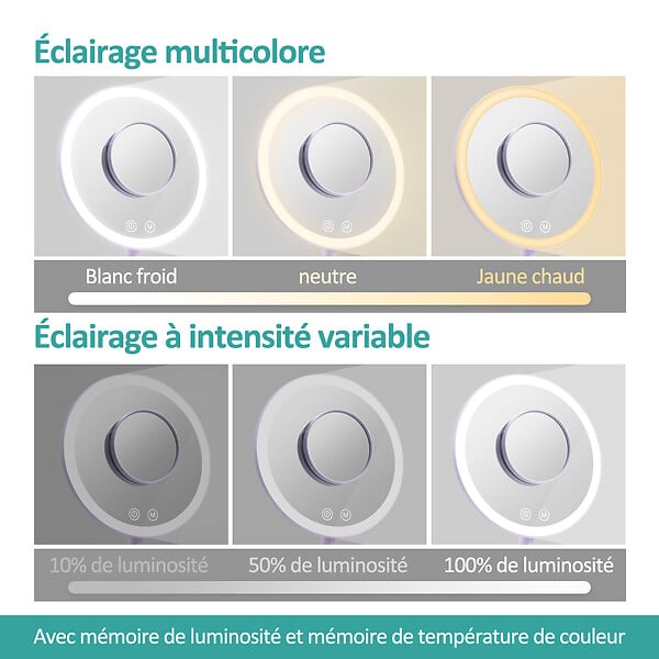 EMKE - EMKE LED Miroir de Maquillage Rond avec Interrupteur Tactile Dimmable 3 Couleurs claires, grossissement 1/3x, Violet - large