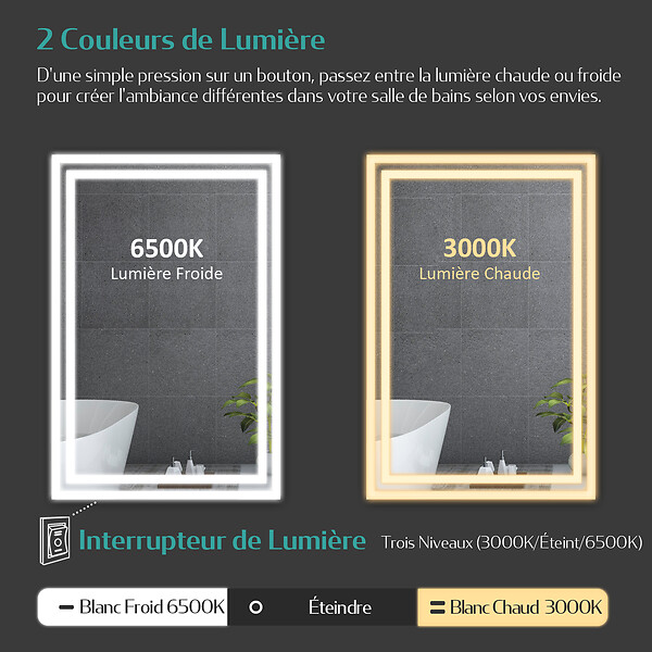 EMKE - EMKE Miroir lumineux salle de bain 80x60cm, Miroir LED avec Interrupteur à bouton, Anti-buée, Miroir avec éclairage lumière Blanche Froide/Chaude - large