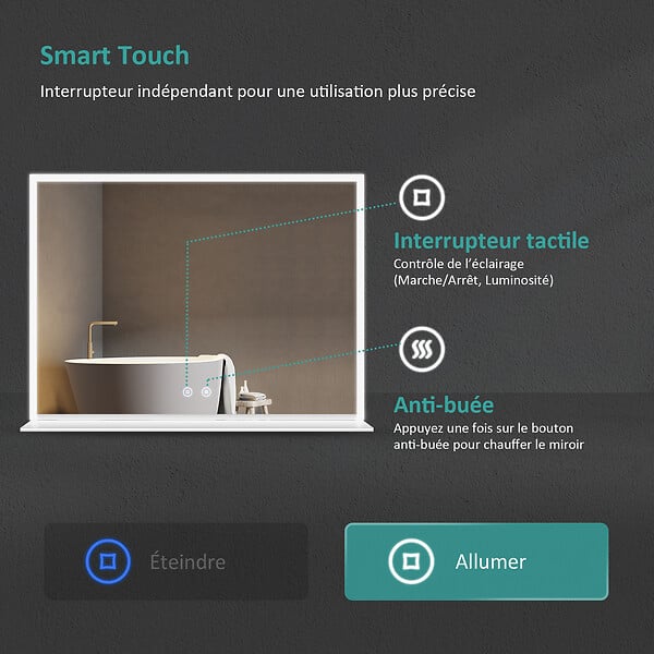 EMKE - EMKE LED Miroir lumineux salle de bain 80x60cm, Miroir avec étagère, Interrupteur Tactile, Lumière Blanche Froide - large