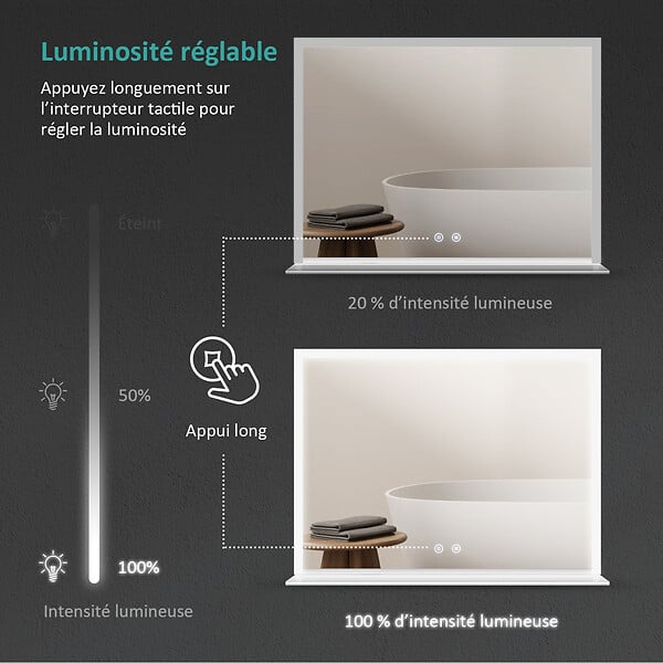 EMKE - EMKE LED Miroir lumineux salle de bain 80x60cm, Miroir avec étagère, Interrupteur Tactile, Lumière Blanche Froide - large