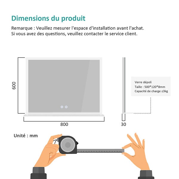 EMKE - EMKE LED Miroir lumineux salle de bain 80x60cm, Miroir avec étagère, Interrupteur Tactile, Lumière Blanche Froide - large