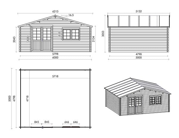 ALTANKA - Abri de jardin en bois - 6x5 m + terrasse avec balustrade et avant-toit en bois - 48 m2 - DOM747+DOM556+DOM558+POD04 - large