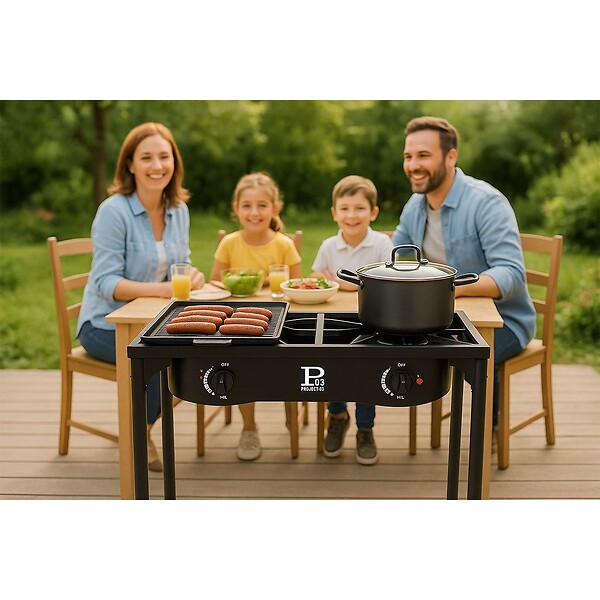 INTEC - Barbecue grill et réchaud 2 feux 9kW Kit Modulable 2en1 - 2 brûleurs - Plaque Grill , 3 Hauteurs Modulables Piezo INTEC - large