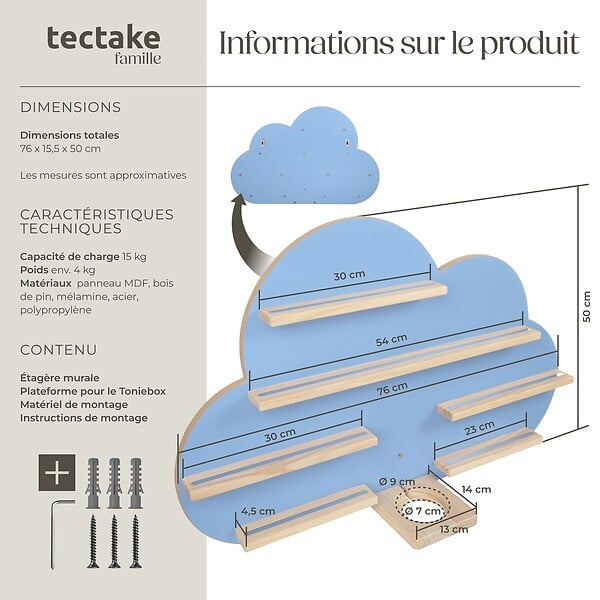TECTAKE - Étagère murale MyLittleStory Cloud peut contenir jusqu'à 28 Tonies bleu - large