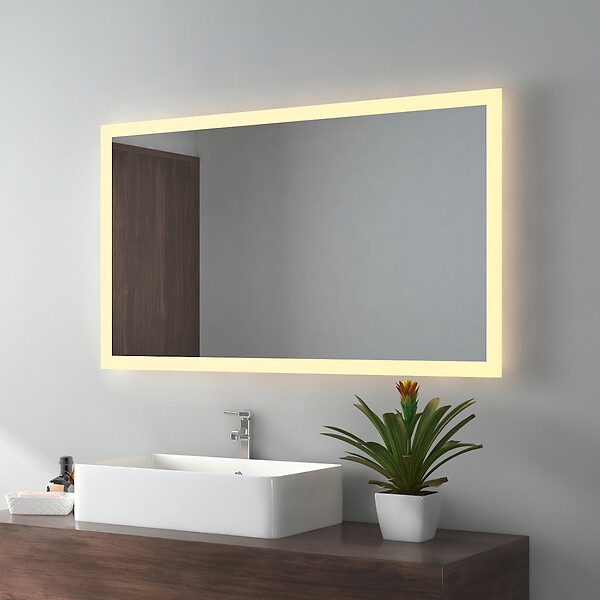 EMKE - EMKE Miroir lumineux salle de bain 100x60cm, Miroir LED avec Interrupteur à bouton, Anti-buée, Miroir avec éclairage lumière Blanche Froide/Chaude - large