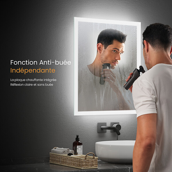 EMKE - EMKE Miroir lumineux salle de bain 100x60cm, Miroir LED avec Interrupteur à bouton, Anti-buée, Miroir avec éclairage lumière Blanche Froide/Chaude - large