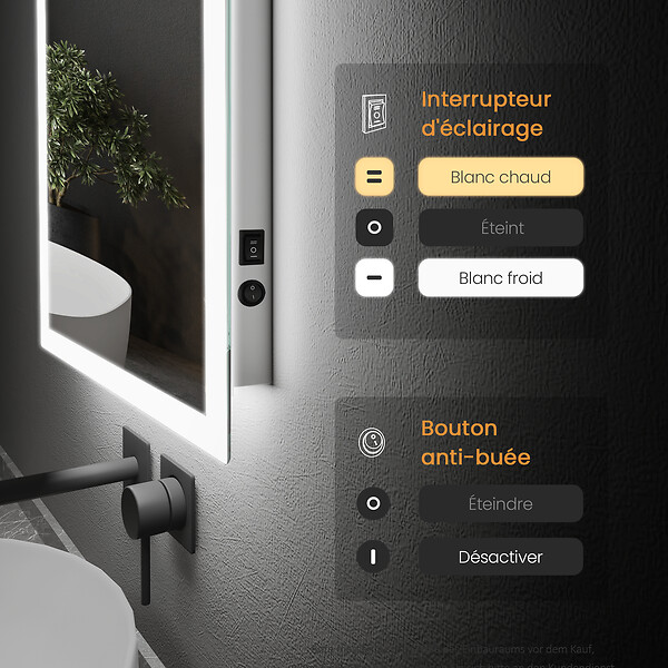 EMKE - EMKE Miroir lumineux salle de bain 100x60cm, Miroir LED avec Interrupteur à bouton, Anti-buée, Miroir avec éclairage lumière Blanche Froide/Chaude - large