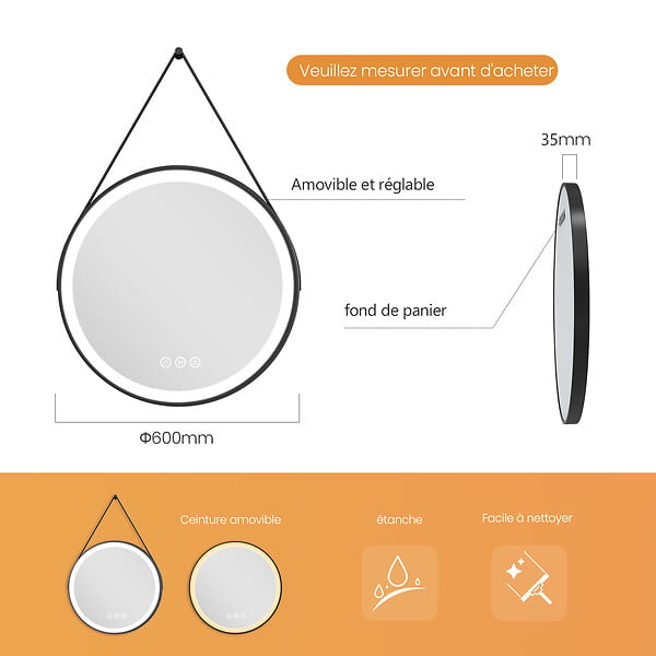 EMKE - EMKE Miroir lumineux salle de bain rond diamètre 60cm cadre noir, Sangle réglable, Miroir LED, Interrupteur Tactile, Anti-buée, 3 couleurs Lumières - large