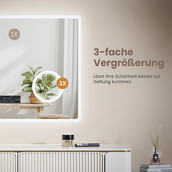 EMKE - EMKE LED Miroir lumineux salle de bain 90x70cm,Interrupteur Tactile, Anti-buée, 3x Grossissement, Horloge, Lumière Blanche Froide - large