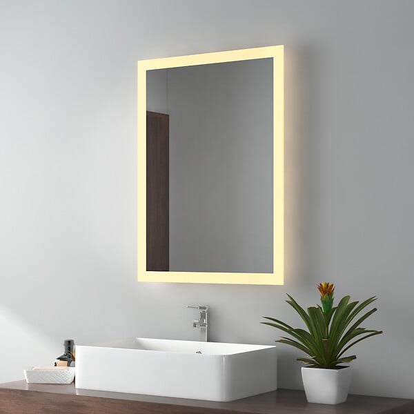 EMKE - EMKE Miroir lumineux salle de bain 70x50cm, Miroir LED avec Interrupteur à bouton, Anti-buée, Miroir avec éclairage lumière Blanche Froide/Chaude - large