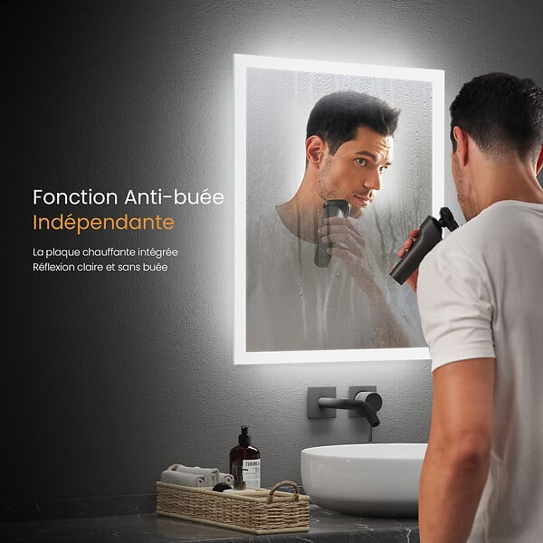 EMKE - EMKE Miroir lumineux salle de bain 70x50cm, Miroir LED avec Interrupteur à bouton, Anti-buée, Miroir avec éclairage lumière Blanche Froide/Chaude - large