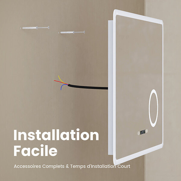 EMKE - EMKE LED Miroir lumineux salle de bain 80x60cm, Interrupteur Tactile, Anti-buée, 3x Grossissement, Horloge, Lumière Blanche Froide/Chaude/Neutre - large
