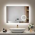 EMKE - EMKE Miroir lumineux salle de bain 80x60cm, Miroir LED avec Interrupteur Tactile, Anti-buée, Horloge, 3x Grossissement, Bluetooth, 3 couleurs de Lumières - vignette