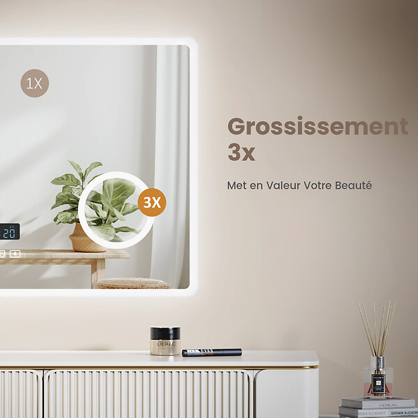 EMKE - EMKE Miroir lumineux salle de bain 80x60cm, Miroir LED avec Interrupteur Tactile, Anti-buée, Horloge, 3x Grossissement, Bluetooth, 3 couleurs de Lumières - large