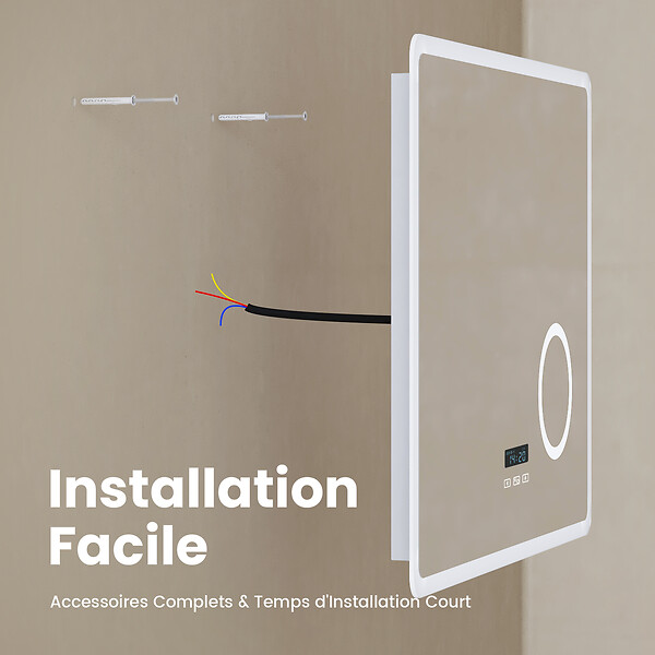 EMKE - EMKE Miroir lumineux salle de bain 80x60cm, Miroir LED avec Interrupteur Tactile, Anti-buée, Horloge, 3x Grossissement, Bluetooth, 3 couleurs de Lumières - large