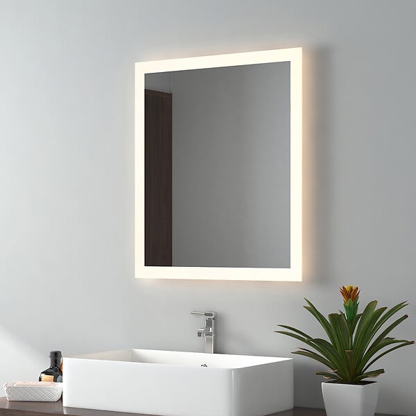 EMKE - EMKE Miroir lumineux salle de bain 60x50cm, Miroir LED avec Interrupteur à bouton, Anti-buée, Miroir avec éclairage lumière Blanche Froide/Chaude - large