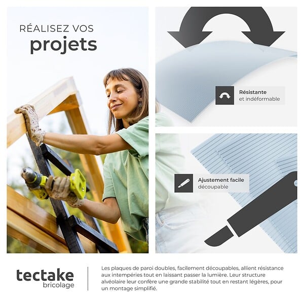 TECTAKE - Plaques doubles SHINY en polycarbonate découpables blanc transparent - large