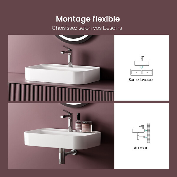 EMKE - EMKE Vasque à Poser en Céramique 70 x 40 cm – Lavabo Rectangulaire Blanc Brillant avec Pré-perçage Robinet - large