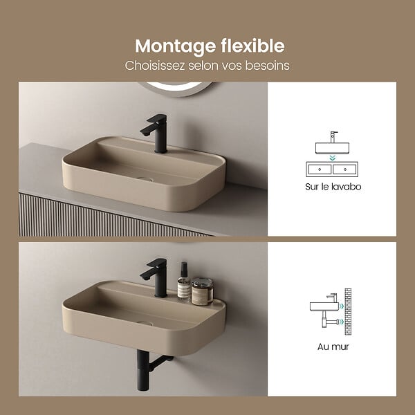 EMKE - EMKE Vasque à Poser 40 x 50 cm – Lavabo Rectangulaire en Céramique Beige Mat aux Coins Arrondis - large