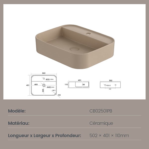 EMKE - EMKE Vasque à Poser 40 x 50 cm – Lavabo Rectangulaire en Céramique Beige Mat aux Coins Arrondis - large