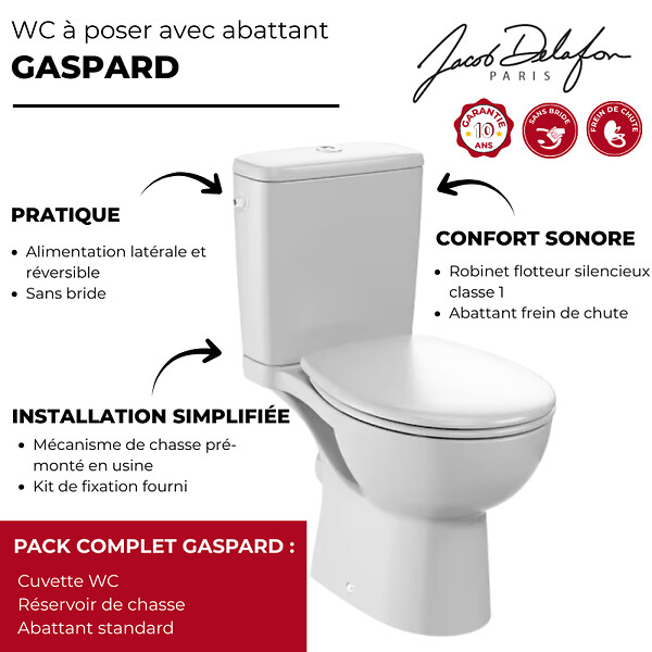 JACOB DELAFON - WC à poser sans bride sortie horizontale Gaspard avec abattant frein de chute et déclipsable - large