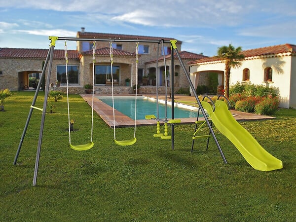 HABITAT ET JARDIN - Portique en métal avec toboggan "Enzo II " - 4 agrès - Vert - large