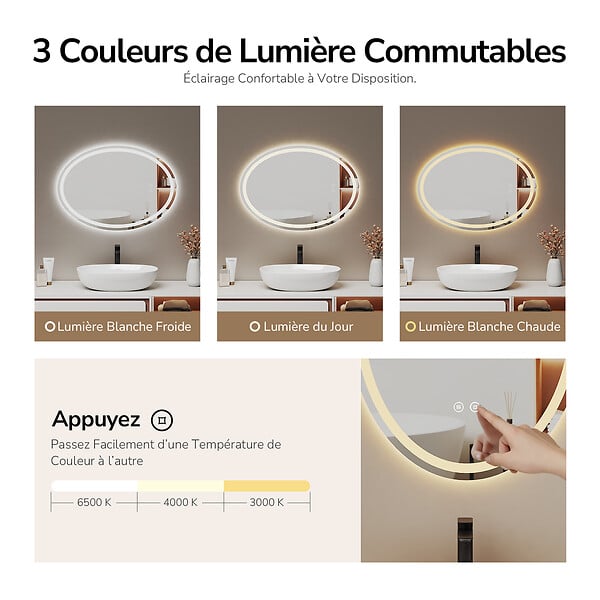 EMKE - EMKE Miroir led salle de bain 50 × 70 cm Miroir salle de bain lumineux avec 3 Couleurs de lumière réglables+Anti-buée, Économie d'énergie miroir led - large