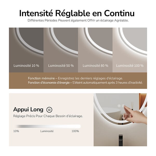 EMKE - EMKE Miroir led salle de bain 50 × 70 cm Miroir salle de bain lumineux avec 3 Couleurs de lumière réglables+Anti-buée, Économie d'énergie miroir led - large
