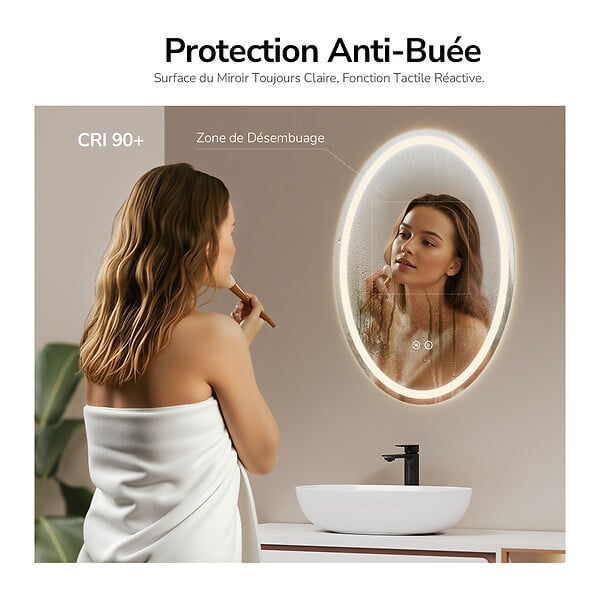 EMKE - EMKE Miroir led salle de bain 50 × 70 cm Miroir salle de bain lumineux avec 3 Couleurs de lumière réglables+Anti-buée, Économie d'énergie miroir led - large