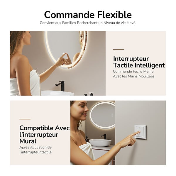 EMKE - EMKE Miroir led salle de bain 50 × 70 cm Miroir salle de bain lumineux avec 3 Couleurs de lumière réglables+Anti-buée, Économie d'énergie miroir led - large