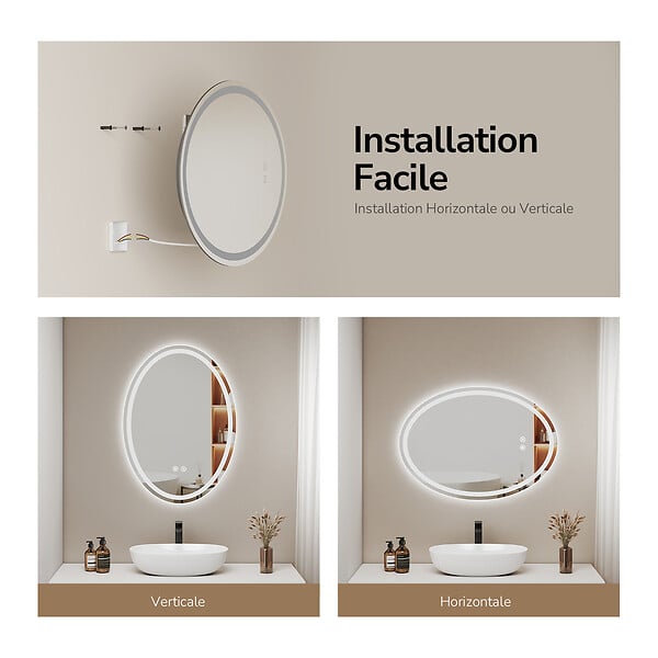 EMKE - EMKE Miroir led salle de bain 50 × 70 cm Miroir salle de bain lumineux avec 3 Couleurs de lumière réglables+Anti-buée, Économie d'énergie miroir led - large