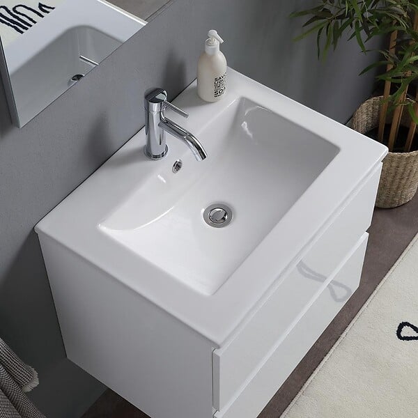 KIAMAMI VALENTINA - Meuble De Salle De Bain Suspendu Avec Lavabo 60Cm Et Tiroirs Blanc Brillant | Benaco - large