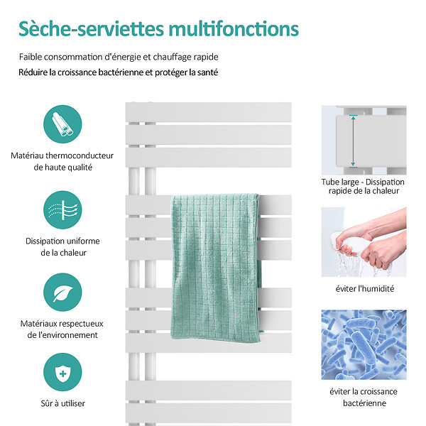 EMKE - EMKE Sèche-serviettes à Eau Chaude Panneau Plat, Sèche-serviettes connexion latérale pour, Blanc 752x400mm 342Watts - large