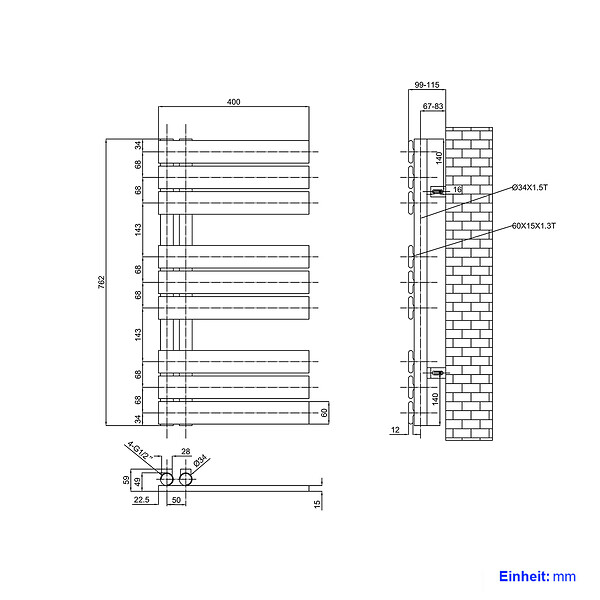 EMKE - EMKE Sèche-serviettes à Eau Chaude Panneau Plat, Sèche-serviettes connexion latérale pour, Blanc 752x400mm 342Watts - large