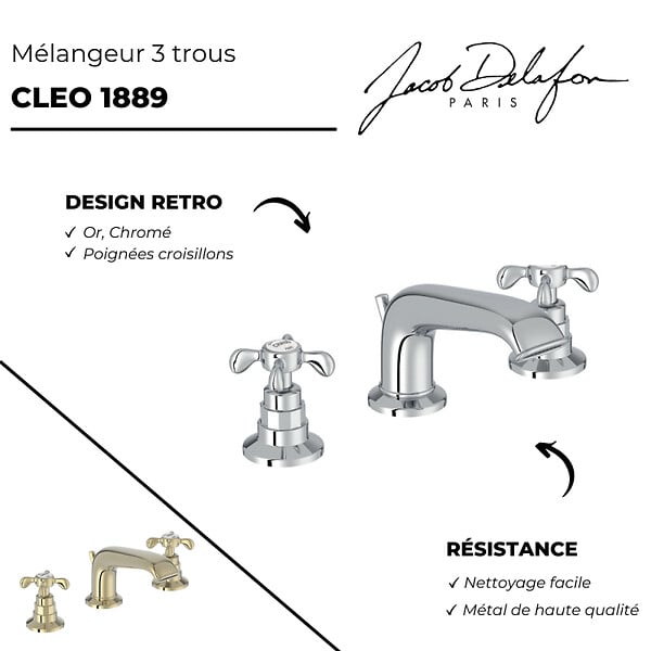 JACOB DELAFON - Mélangeur 3 trous Cléo 1889 chrome + nettoyant - large