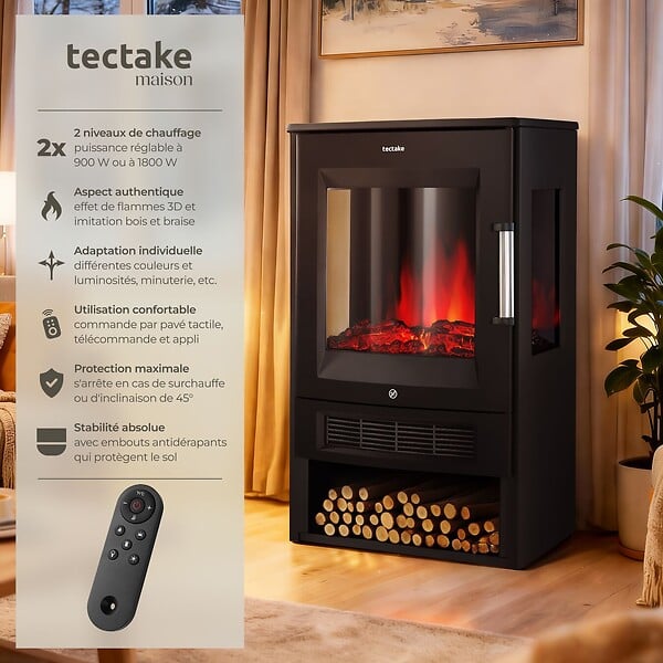 TECTAKE - Cheminée électrique AIDAN avec 2 niveaux de chauffe noir - large