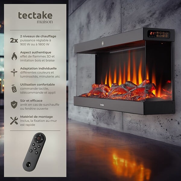TECTAKE - Cheminée murale électrique LUCIANO noir - large
