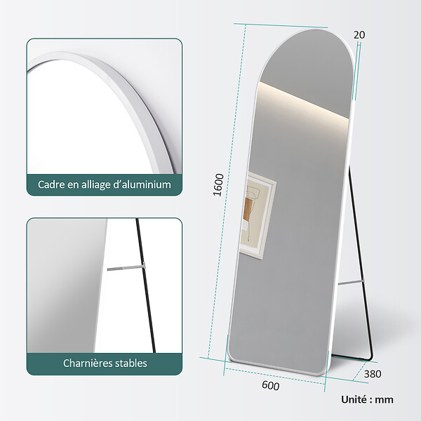 EMKE - Miroir Pleine Longueur EMKE - Cadre Aluminium Blanc, 160 x 60 cm, Mural ou sur Pied - large