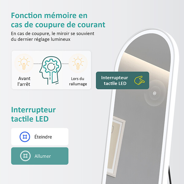EMKE - Miroir LED pleine longueur EMKE, 147x45 cm - Éclairage à 3 couleurs réglables, intensité dimmable, interrupteur tactile, blanc - large