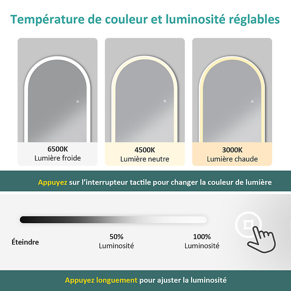 EMKE - Miroir LED pleine longueur EMKE, 147x45 cm - Éclairage à 3 couleurs réglables, intensité dimmable, interrupteur tactile, blanc - large