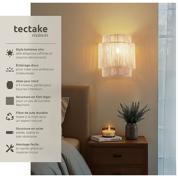 TECTAKE - Applique murale LIGNEA LUX en jute de style bohème 40W marron naturel - large