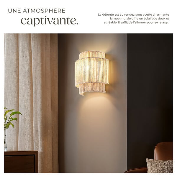 TECTAKE - Applique murale LIGNEA LUX en jute de style bohème 40W marron naturel - large