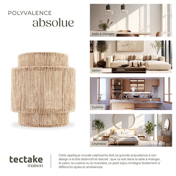 TECTAKE - Applique murale LIGNEA LUX en jute de style bohème 40W marron naturel - large