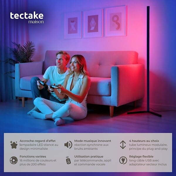 TECTAKE - Lampe sur pied LED SPECTRA 16 millions de couleurs et plus de 200 modes lumineux noir/blanc - large