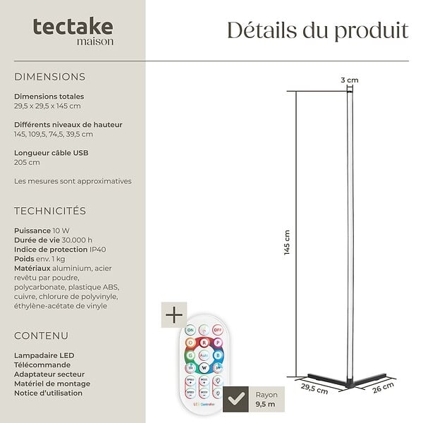 TECTAKE - Lampe sur pied LED SPECTRA 16 millions de couleurs et plus de 200 modes lumineux noir/blanc - large