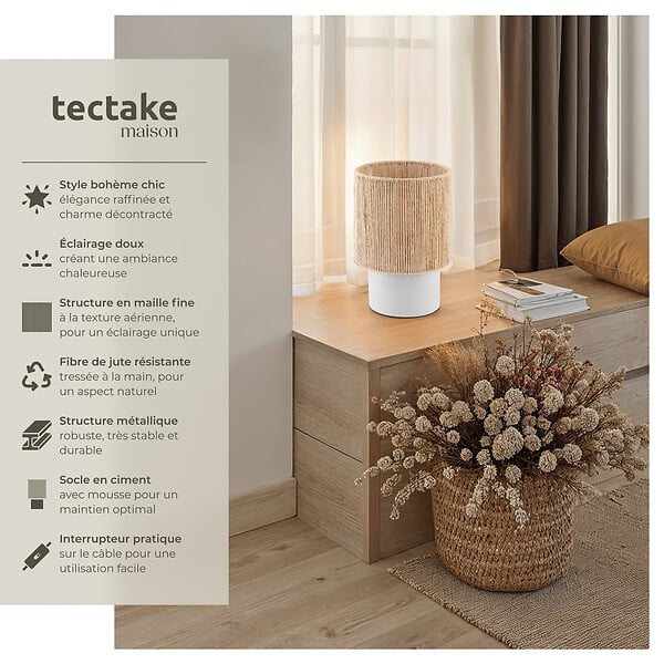 TECTAKE - Lampe de chevet KLEA en jute au style bohème 60W marron naturel - large